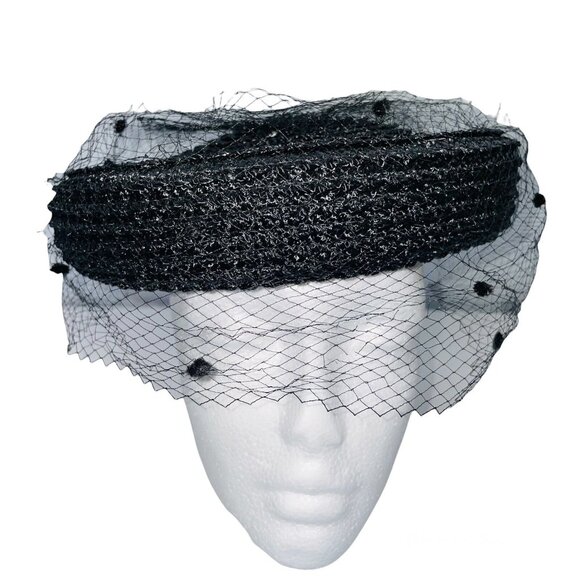 Vintage Womens Hat Black Pillbox Church Netting Bow Wedding Costume Theatre - Picture 1 of 8